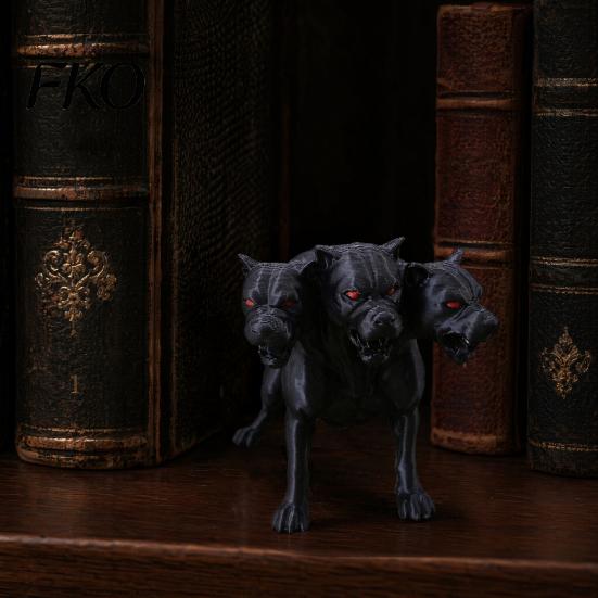 Fantasy Dog Figure 3D Printed Three-Headed Figurine, 3 Heads Black Sculpture, Red Eye Figurine Horror Mythical Animal Ornament for Home