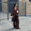 Causal Oversized Solid Pant Suit Women Single Button Long Sleeve V-neck Shirt Set Summer Casual Lady Streetwear