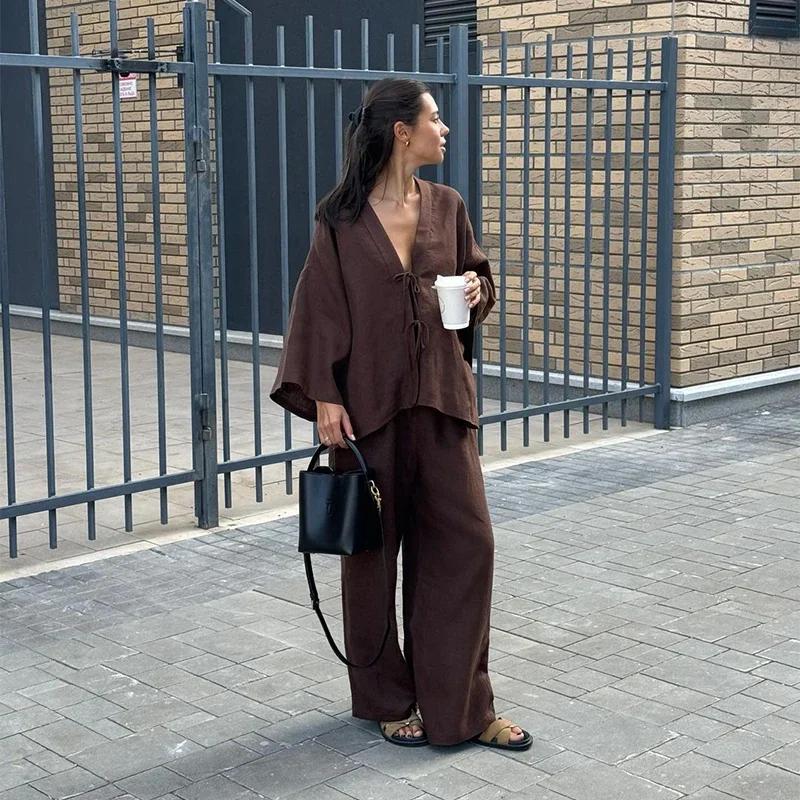 Causal Oversized Solid Pant Suit Women Single Button Long Sleeve V-neck Shirt Set Summer Casual Lady Streetwear