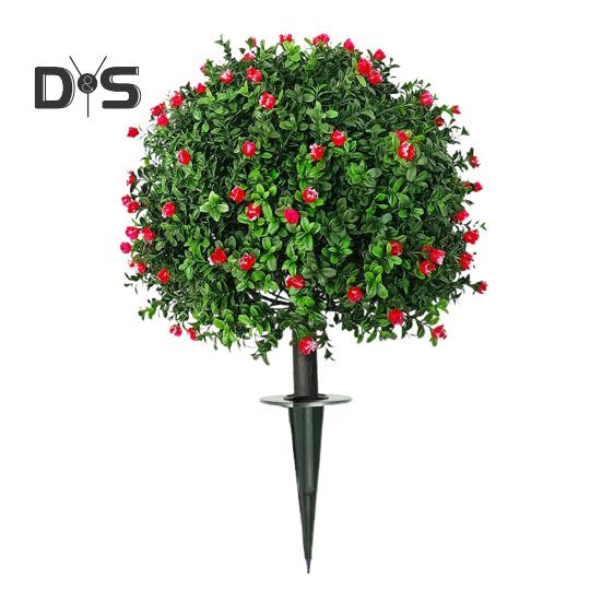 Artificial Camellia Topiary Ball Simulated Topiary Trees with Red Flowers UV Resistant Faux Greenery Shrubs with Ground Spike for Garden Porch Patio