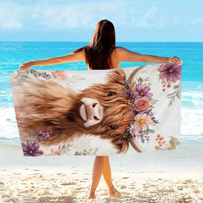 Highland Cow Floral Crown Oversized Towel, Soft Microfiber for Travel Beach Picnic