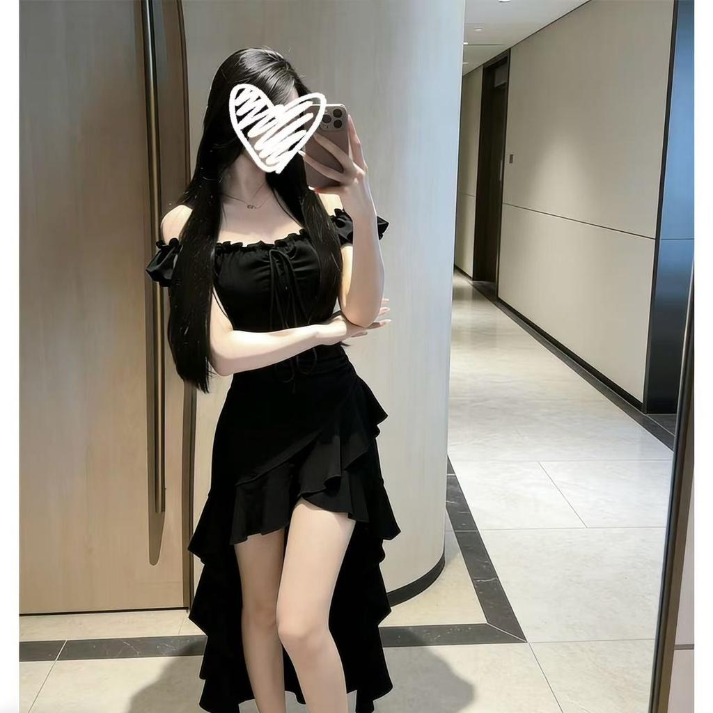 Black irregular dress women's ruffle edge 2026 summer new one-word shoulder sexy skirt women's waist