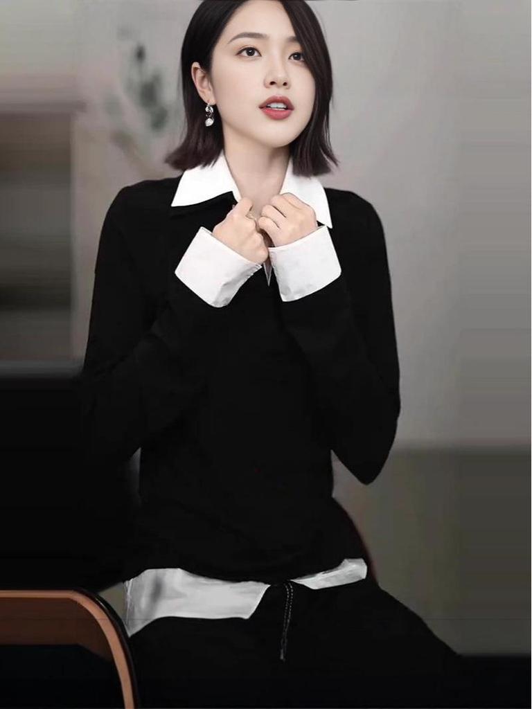2026 Spring Fashion Korean Color-Block Patchwork Two-Piece Long Sleeve Women's Shirt