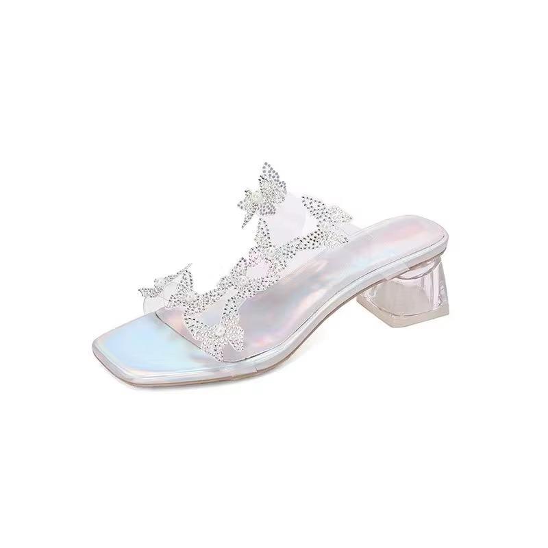 Fashion Rhinestone Sandals Women 2025 Summer New Fairy Wind Beautiful Fashion Butterfly Crystal Heel High Heel Half Slippers Outer Wear