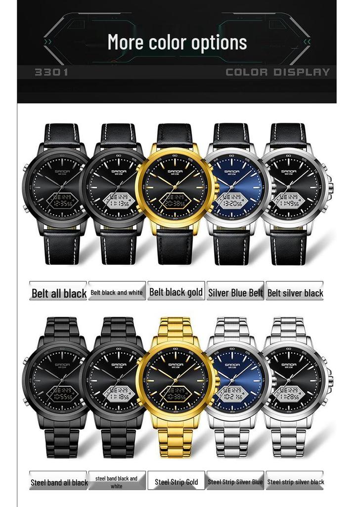 Sanda Men's Multifunction Luminous Waterproof Chronograph Steel Band Dual Display Watch
