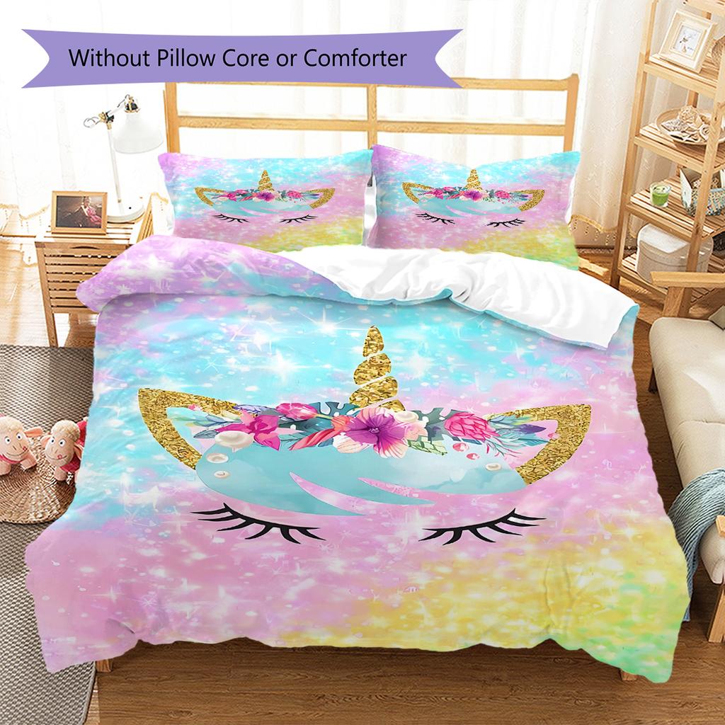 Colorful Uni-horse Pattern Bedding Quilt Set Quilt Cover Pillowcase Home Decoration Gift (1 * duvet cover + 2 * pillowcase, without core)