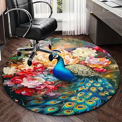1pc Peacock Floral Round Carpet Anime Design Office Chair Mat, Non Slip Rug for Home Decor, Gift, Office, Living Room, Bedroom