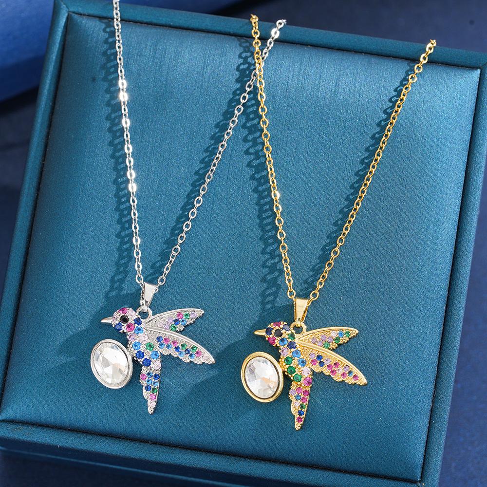 European and American Style Colored Zirconia Hummingbird Pendant Necklace - Elegant and Versatile