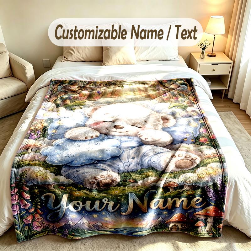 Teddy Bear Theme Custom Blanket Personalized Name & Text Customized Soft Warm Throw Blanket Home Decor