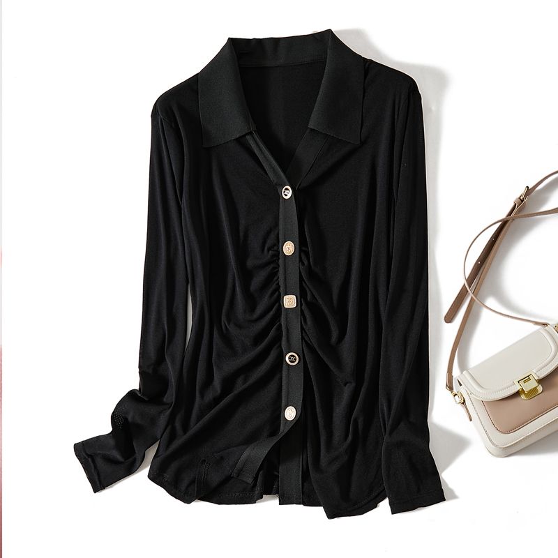 

How Dare You Miss It! Quality Women s Long Sleeves Ruched Modeling Single-Breasted Slim Looking Shirt Bandage Dress Bottoming New T-shirt Black pk thousand yuan does not lose