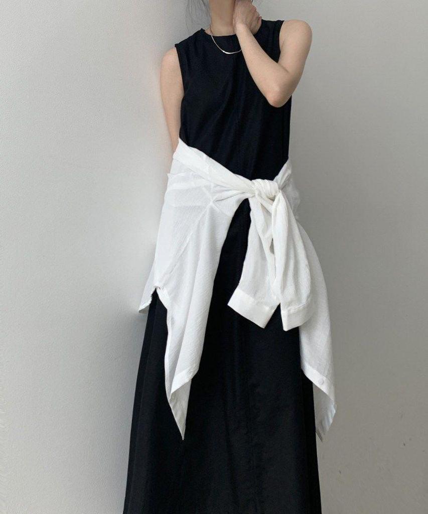Korean Sleeveless Loose Fit Cotton Linen Dress with Wide Hem