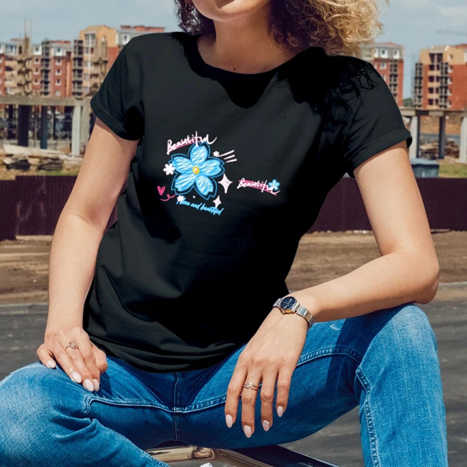 

Summer Womens Short Sleeve CottonTShirt Beautiful Blue FlowerPrintforOutdoorEvents YoungWomenwithaStylish & Alluring Style S чёрный