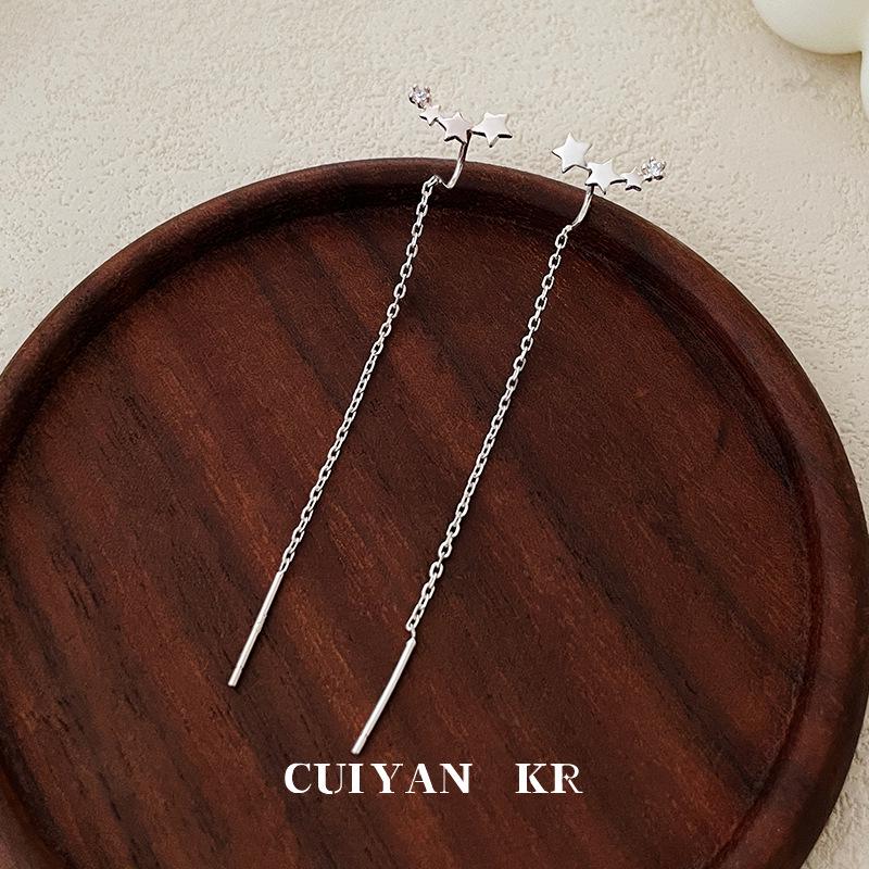 Cui Yan S925 Sterling Silver Star Ear Cuffs: Korean Sweet Style, Long Tassel Trendy Earrings for Women.