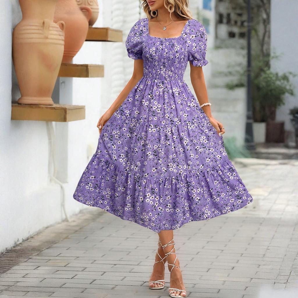 Women Square Neck Smocked Waist Layered Floral Dress with Ruffle Sleeves and Midi Length for Casual and Daily Wear