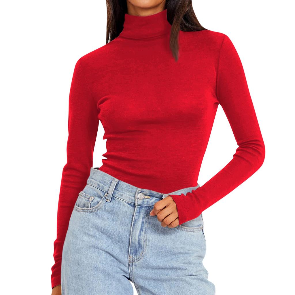 Women's Turtleneck Long Sleeve Shirts Solid Color Fall Fashion Basic Slim Fit Soft Thermal Tops