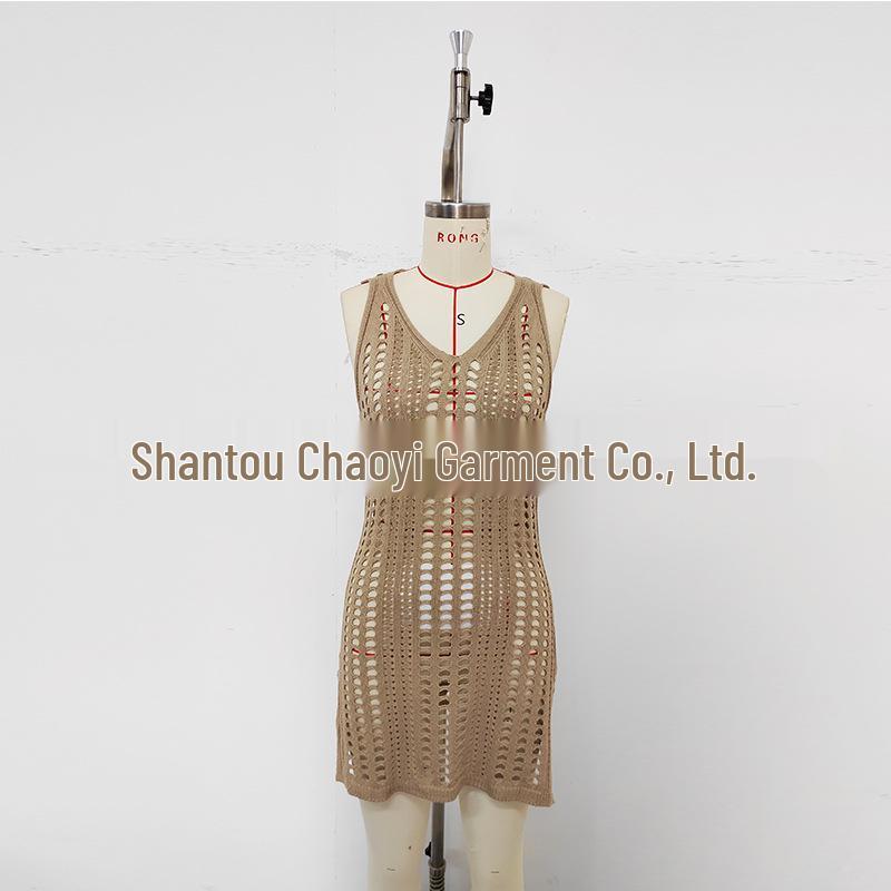 Women's Knit Bodycon V-Neck Slit Beach Cover-Up Dress