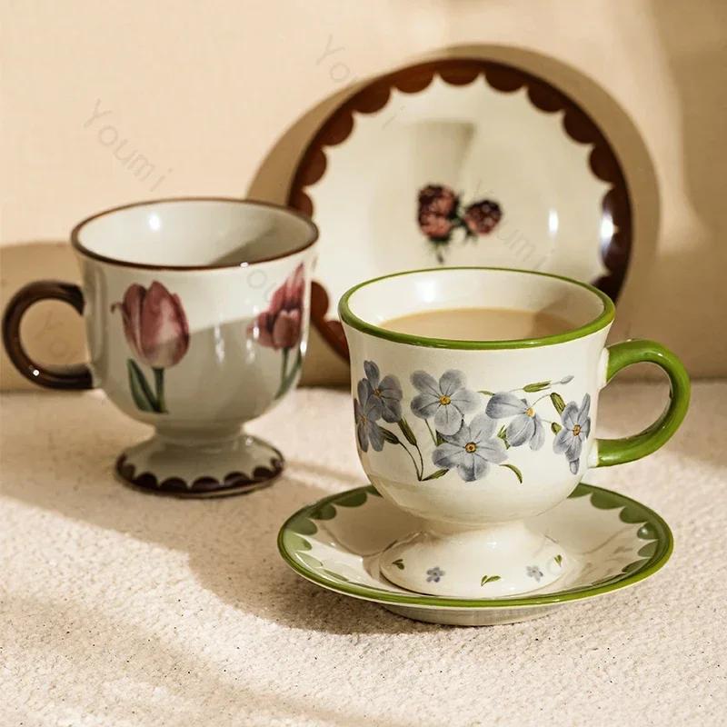 Exquisite Tulip Ceramic Coffee Cup Plate Set Light Luxury Restaurant Afternoon Tea Coffee Cups High End Office Leisure Water Cup