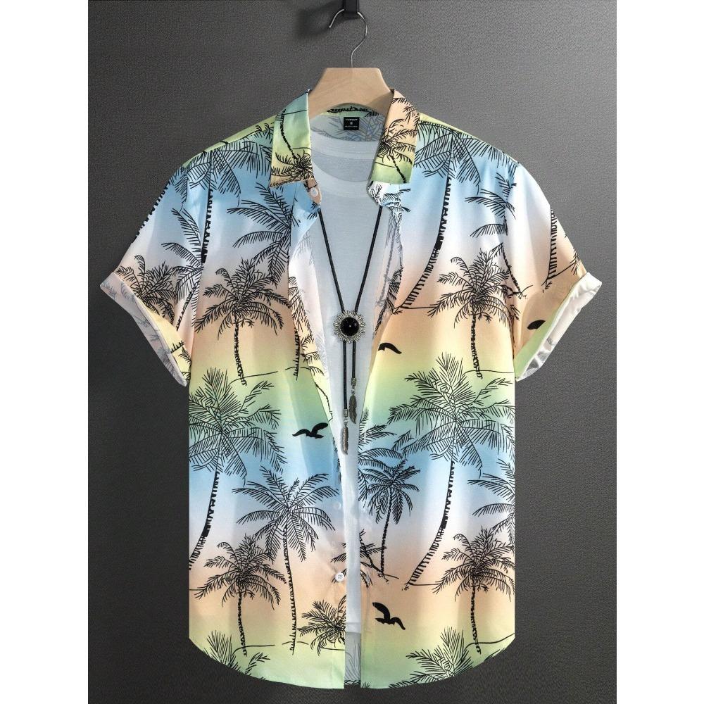 Hawaiian Color Coconut Tree Print Lapel Fashion Men's Shirt 2026 Men's Seaside Resort Casual Style Men's Short-sleeved Shirt
