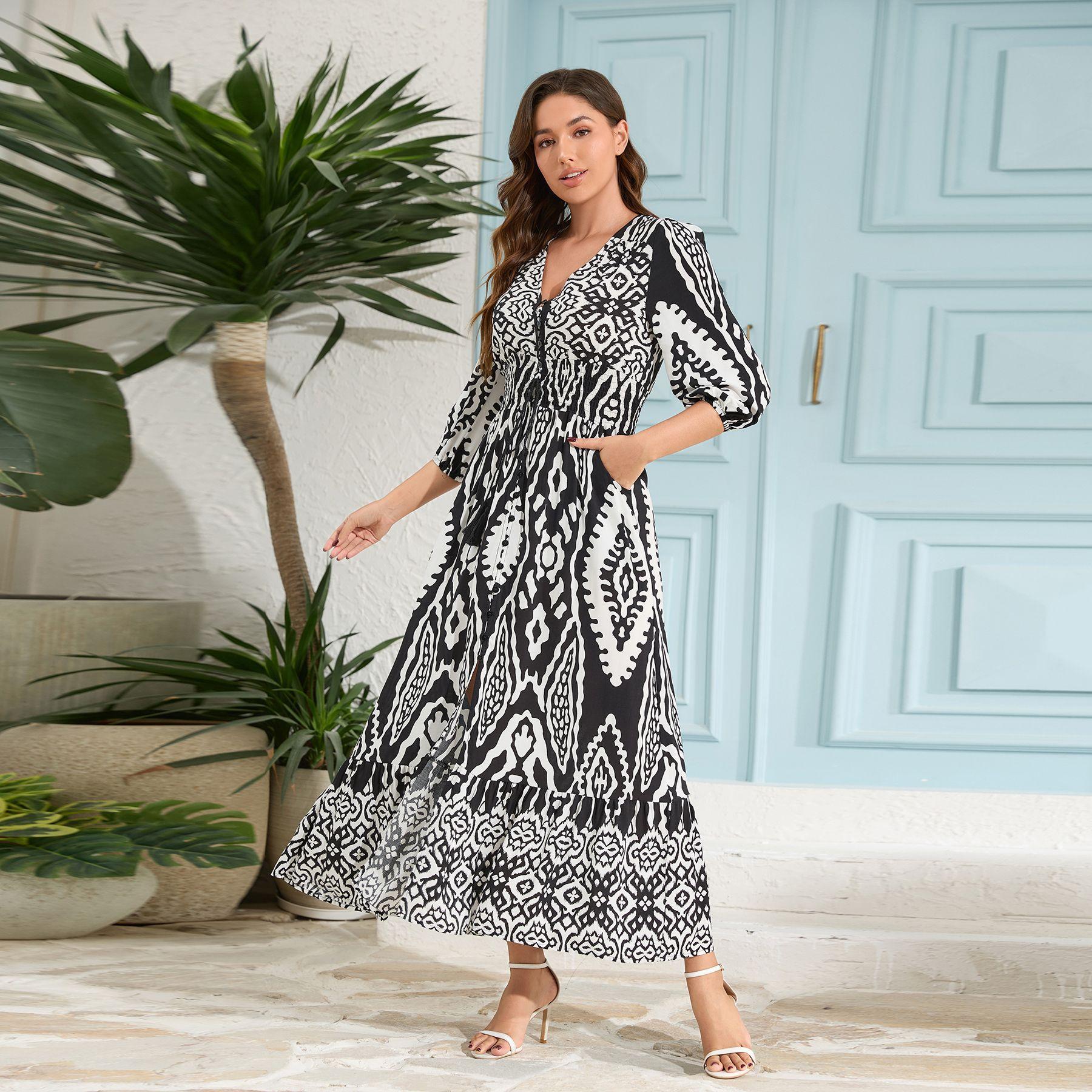 Women V Neck Printed Kaftan Maxi Dress Short Sleeve Button Down Bohemian Dress S чёрный
