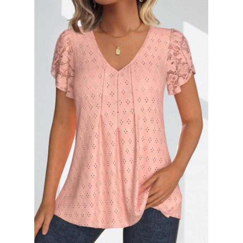 Sommer Einfarbig Spitze Lässig V-Ausschnitt Kurzarm T-Shirt für Damen