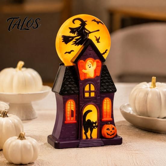 Retro Halloween Ghost Ornaments Haunted House Blow Mold Light, Vintage Pre-Lit Mansion Decor with Glowing Witch Tabletop Centerpieces Moon Black Cat,