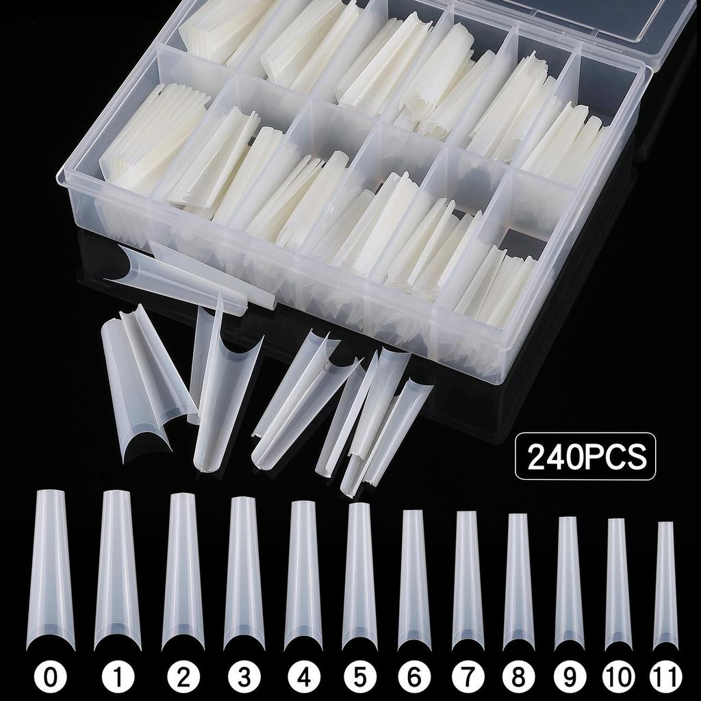 Long Denim Flat-Top French Nail Tips - 240 Pieces | Thin False Nail Supplies for Beauty and Pet Grooming