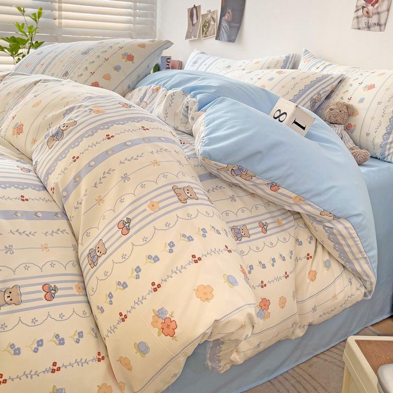 

Class A Maternal And Infant Grade Pure Washed Cotton Bed4-Pcs Set, Super Soft Quilt Cover, Bed Sheet, Bed Hat, Student Dormitory 3-Pcs Set 0.9m sheet 3pcs quilt 1.5*2m