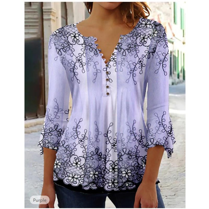 VEZFAA Women's Fashion Casual Spring Fall Flower Pattern Print Long Sleeve V-Neck Blouses & Shirts