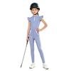 Kids Girls Equestrian Training Set Zip Stand Collar Ruffled Sleeve Contrast Trim Top and Non-slip Full Seat Riding Pants for Competition
