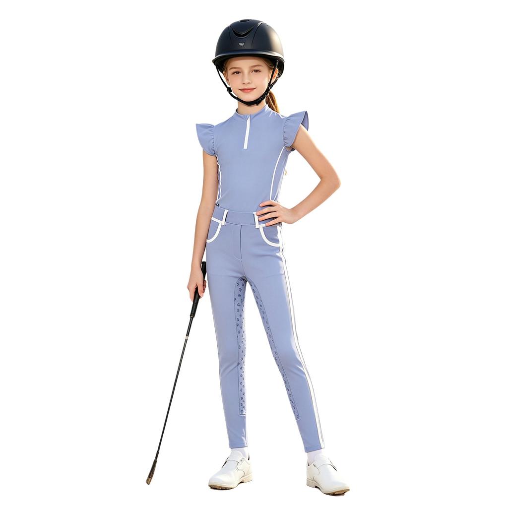 Kids Girls Equestrian Training Set Zip Stand Collar Ruffled Sleeve Contrast Trim Top and Non-slip Full Seat Riding Pants for Competition