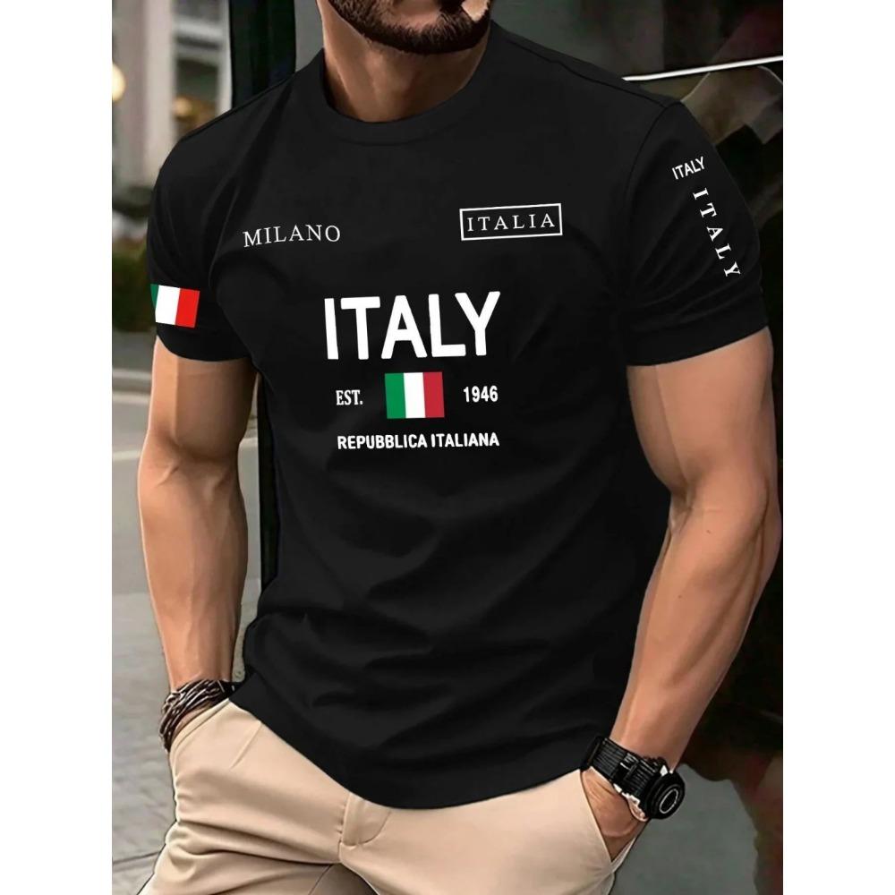 T-shirt estiva da uomo europea e americana con stampa di lettere di Milano, morbida e traspirante, girocollo, top casual da esterno urbano