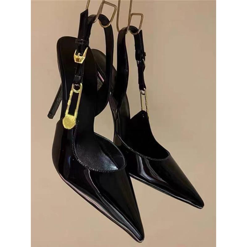 

Spring black bag head sandals pointed metal buckle beautiful temperament celebrity thin heel sexy high heels women 39