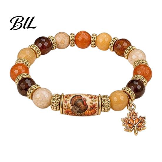 Thanksgiving Greeting Card Gift Bracelet for Women, Holiday Beaded with Festival Family Maple Leaf Charm, Elastic Stretch Fall Harvest Jewelry
