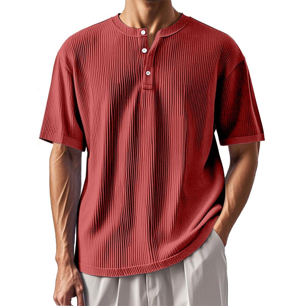 Men's Summer Solid Color Stripe Texture Button Collar Short Sleeve Tops Men's Casual Loose Fashion Tops