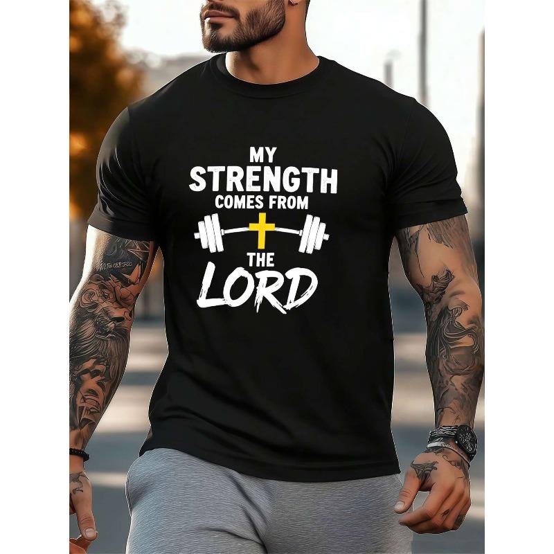 

European sizes Men s Christian Gym T-Shirt - Funny Faith & Fitness Saying My Strength Comes From The Lord - Heavy Duty Weightlifting Graphic - Black 4XL чорний