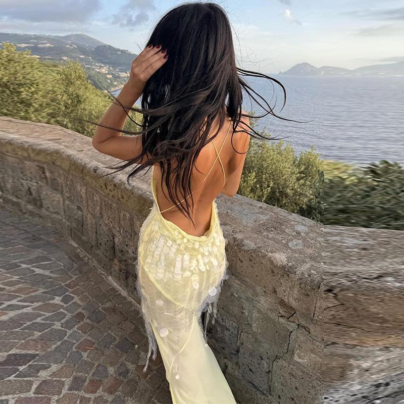 Sexy Hollow Sequin Sleeveless High Waist Evening Dress Casual Off Shoulder Deep V Slim Suspender Long Dresses