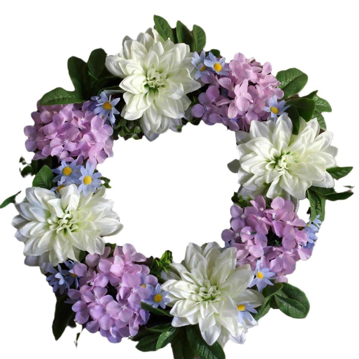 Spring and Summer Flower Wreath Artificial Flower purple Hydrangea Dahlia Home Decoration Front Door Hanging Plastic Silk Ring (Purple,50cm)