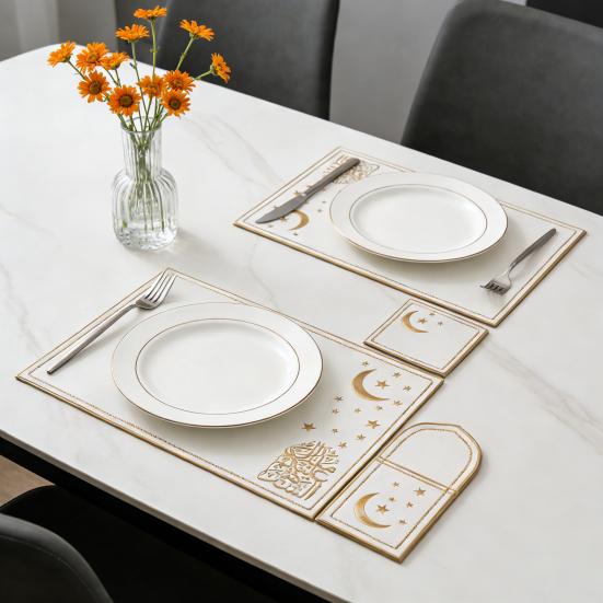 1 Set Star Moon Eid Placemat Faux Leather Embroidered Waterproof Placemat Cutlery Holder Coaster for Ramadan Dinner Home Islamic Holiday Party Decor