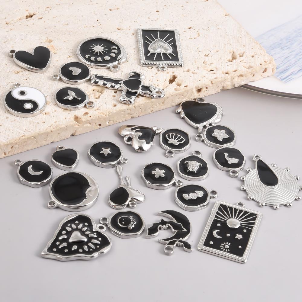 6pcs Punk Dark Black Stainless Steel Enamel Charms For Jewelry Making Supplies Sun Heart Cross Ocean Animal Pendant DIY Pendants