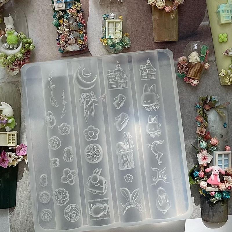 3 Pcs Silicone Nail Art Mold Cute Cartoon Rabbit Moon Cake Moon 3D Acrylic Flowers Nails Templates Diy Manicure Design Tools