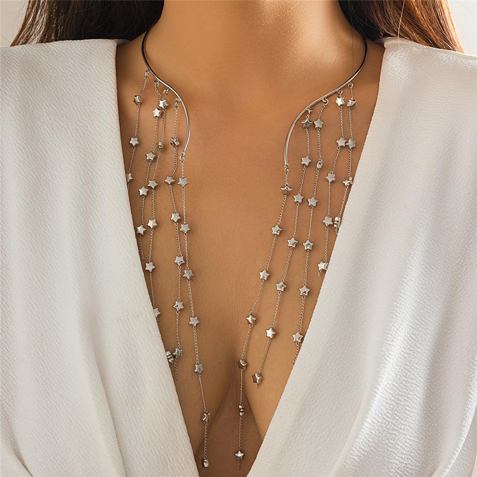 

Sexy Goth Long Tassel Star Crystal Sequin Pendant Open Torques Choker Necklace for Women Vintage Chest Chain Wed Accessories New