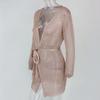 Women Hollow Out Sexy Long Belt Dress Jacket With Knitted Sleeves Elegant Lingerie Robe