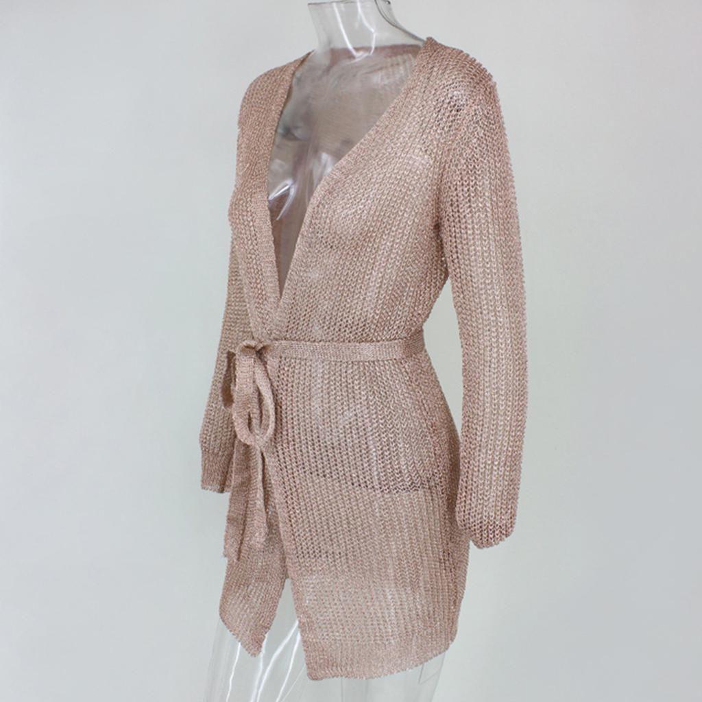 Women Hollow Out Sexy Long Belt Dress Jacket With Knitted Sleeves Elegant Lingerie Robe