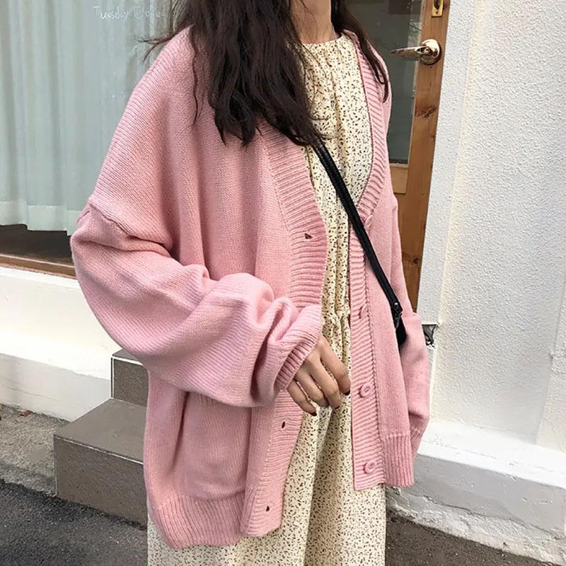 Autumn and Winter Knitted Cardigan Coat Women's V-neck Top Loose Mid-length Design Sweater Shawl Outside