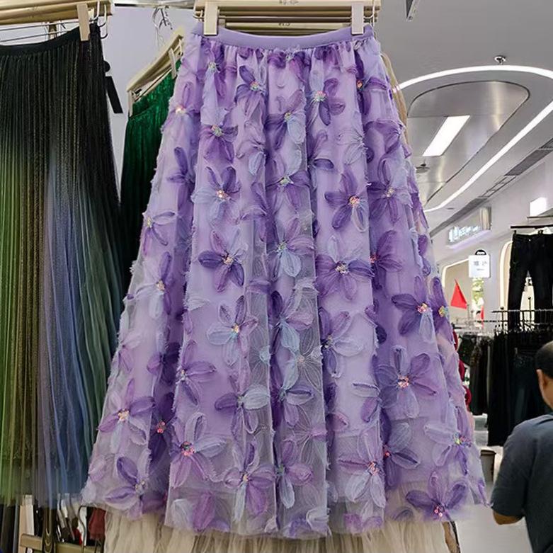 Women's French Romantic A-Line Mesh Skirt with 3D Flowers - Elastic Waist, Stunning Summer Design
