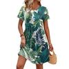 Women's Short Sleeve Floral Print Casual Dress Round Neck Waist Tie with Pockets Loose Fit Summer Dress