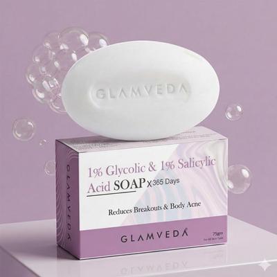 Glamveda Acne 1% Ww Glycolic Acid & 1% Ww Salicylic Acid Soap | Reduces Dark Spots, Acne Scars & Hyperpigmentation - 75Gm Pack Of 1