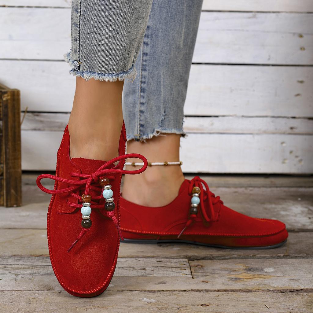 2025 Women Loafers Round Toe Lace-up String Bead Shoes Leisure Spring Autumn Sneakers Woman Retro Style Plus Size Shoes Women