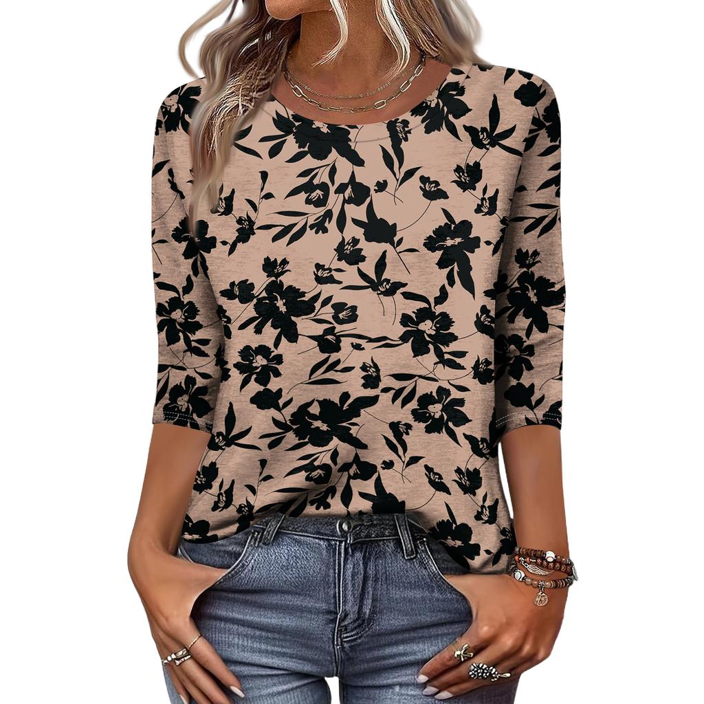 Women’s Casual 3/4 Sleeve Floral Pattern Printed Crew Neck Top Relaxed Fit Lightweight Pullover Blouse Shirt