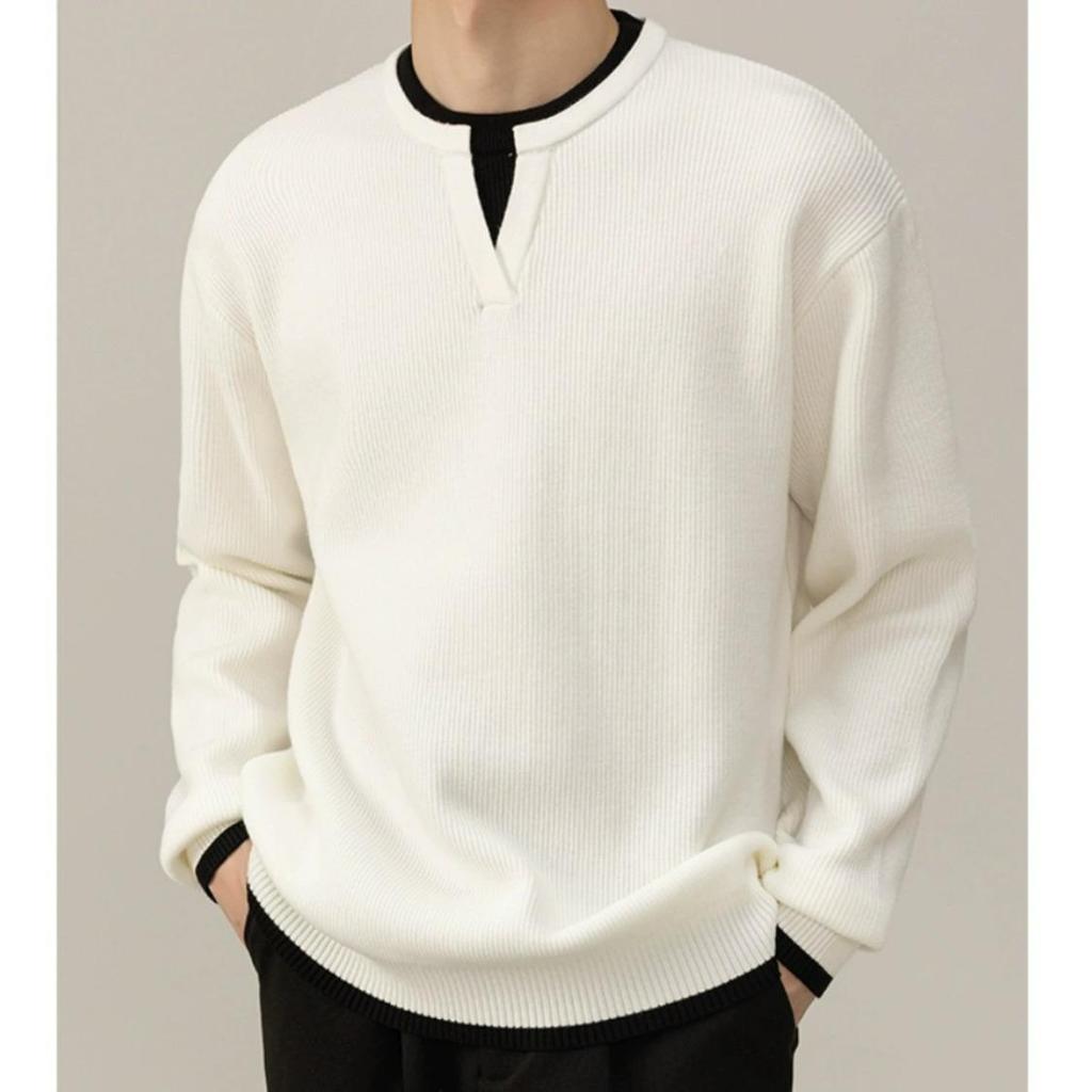 Unisex V-Neck Knit Sweater - Trendy Loose Two-Piece Look for Autumn & Winter